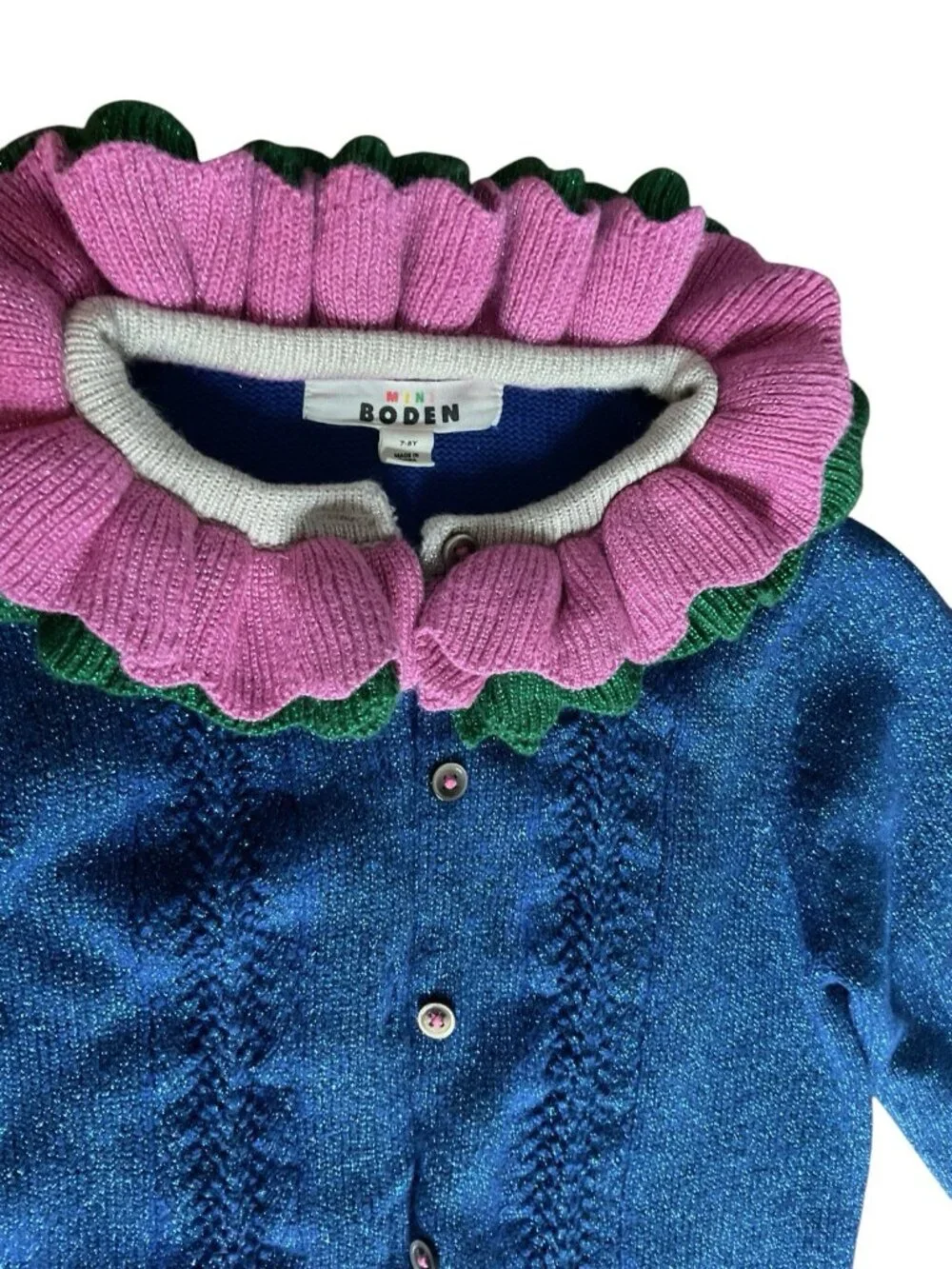 Mini Boden Girls Knit Button Cardigan Sweater Ruffle Collar Blue Size 7-8